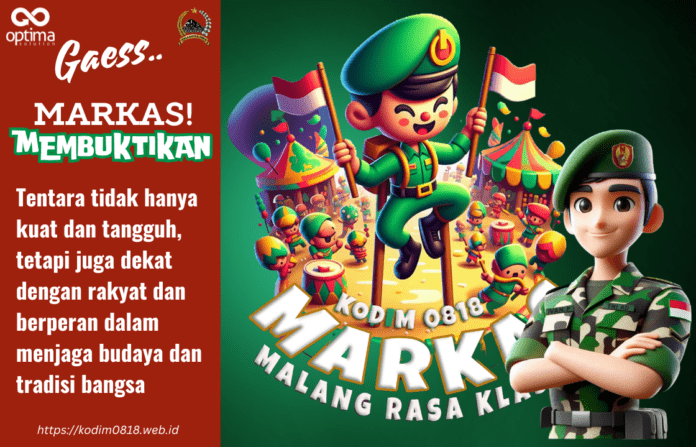 Logo Malang Rasa Klasik dengan elemen tentara engrang, suasana festival, dan anak-anak zaman dulu.