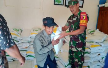 Babinsa Balearjo mendampingi pembagian bantuan beras kepada warga Desa Balearjo