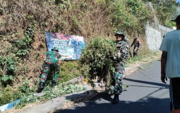 Kerja Bakti Koramil Bumiaji dalam Rangka HUT TNI ke-79 Tahun 2024 di Kecamatan Bumiaji